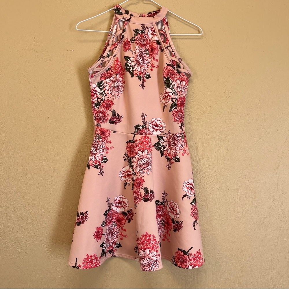 No Boundaries Pink floral skater dress with high neck and lattice detail sz Med